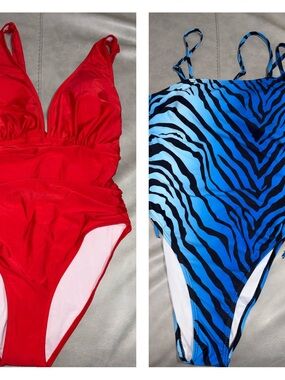 SHEIN Red Solid One-Piece & Blue Zebra-Print One-Piece Swim Set NWOT